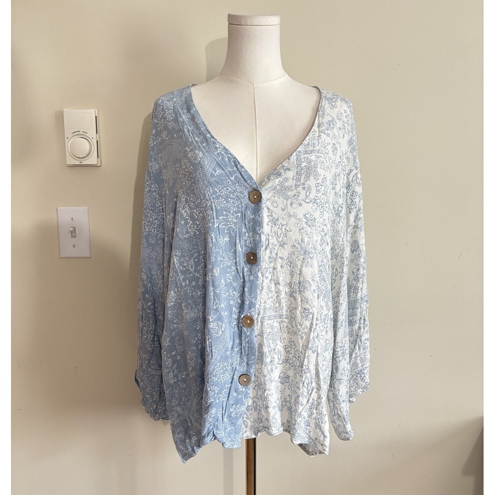Anthropologie Oddi Plus Size 1X Top Blue White Floral Boho Cottagecore Mori Girl